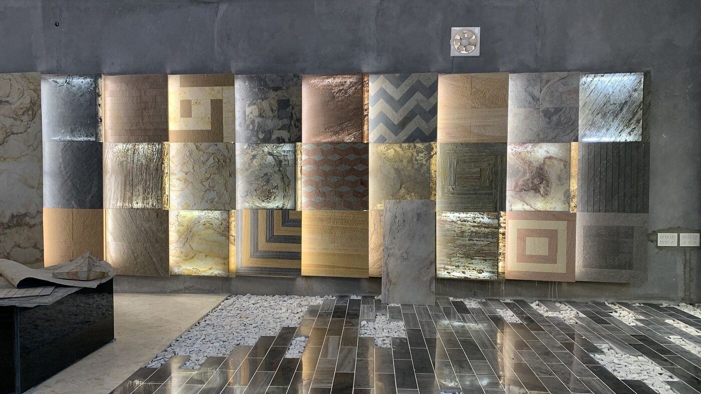 Stone sample wall with backlit slabs