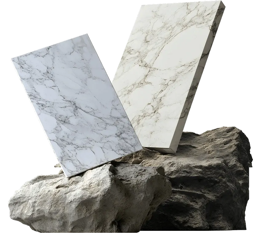 Two polished marble slabs resting against a quarry boulder
